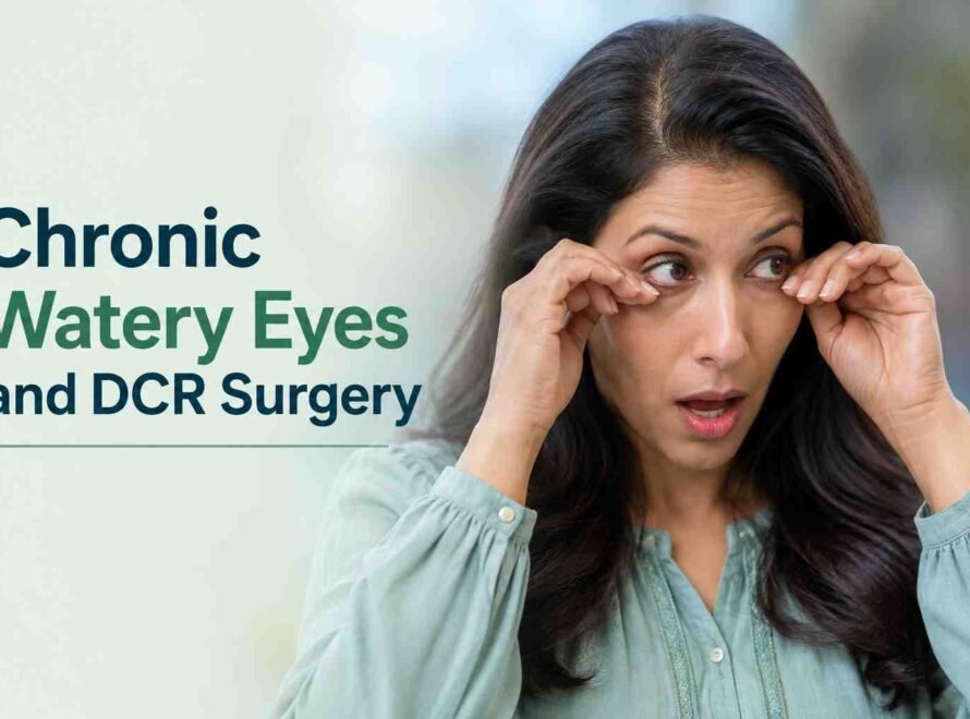 Woman rubbing watery eyes, illustrating blocked tear ducts and DCR surgery.