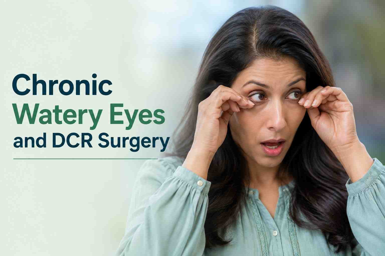 Woman rubbing watery eyes, illustrating blocked tear ducts and DCR surgery.