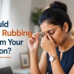 Woman rubbing her eyes while wearing glasses, highlighting the potential effects of frequent eye rubbing on vision.