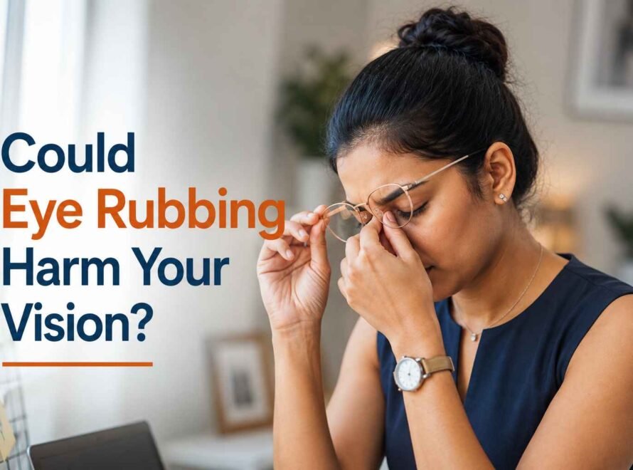 Woman rubbing her eyes while wearing glasses, highlighting the potential effects of frequent eye rubbing on vision.