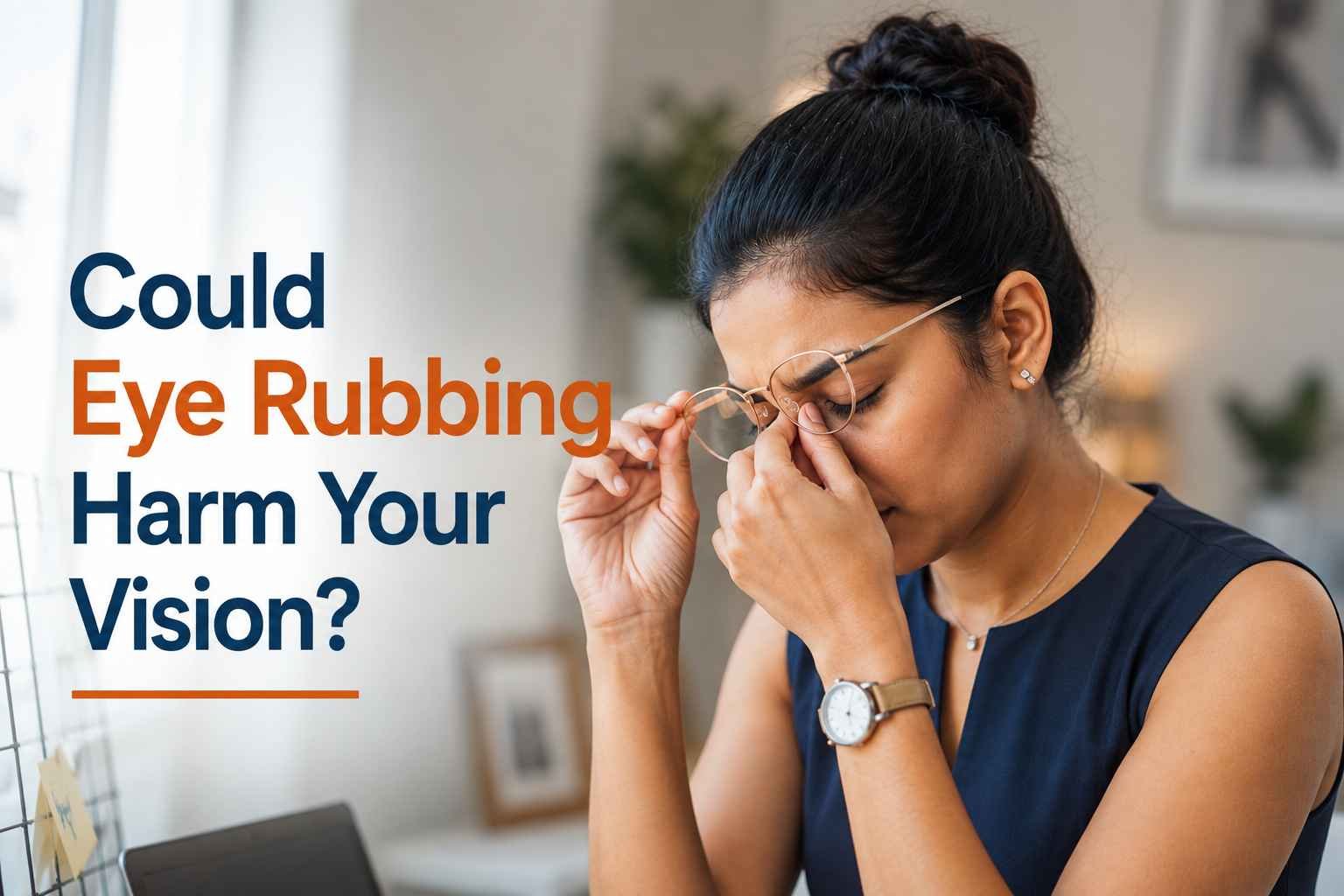Woman rubbing her eyes while wearing glasses, highlighting the potential effects of frequent eye rubbing on vision.