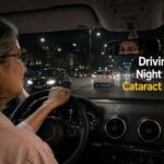 Woman driving at night after cataract surgery with traffic and headlights visible on the road