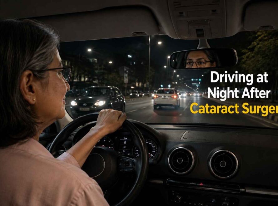 Woman driving at night after cataract surgery with traffic and headlights visible on the road