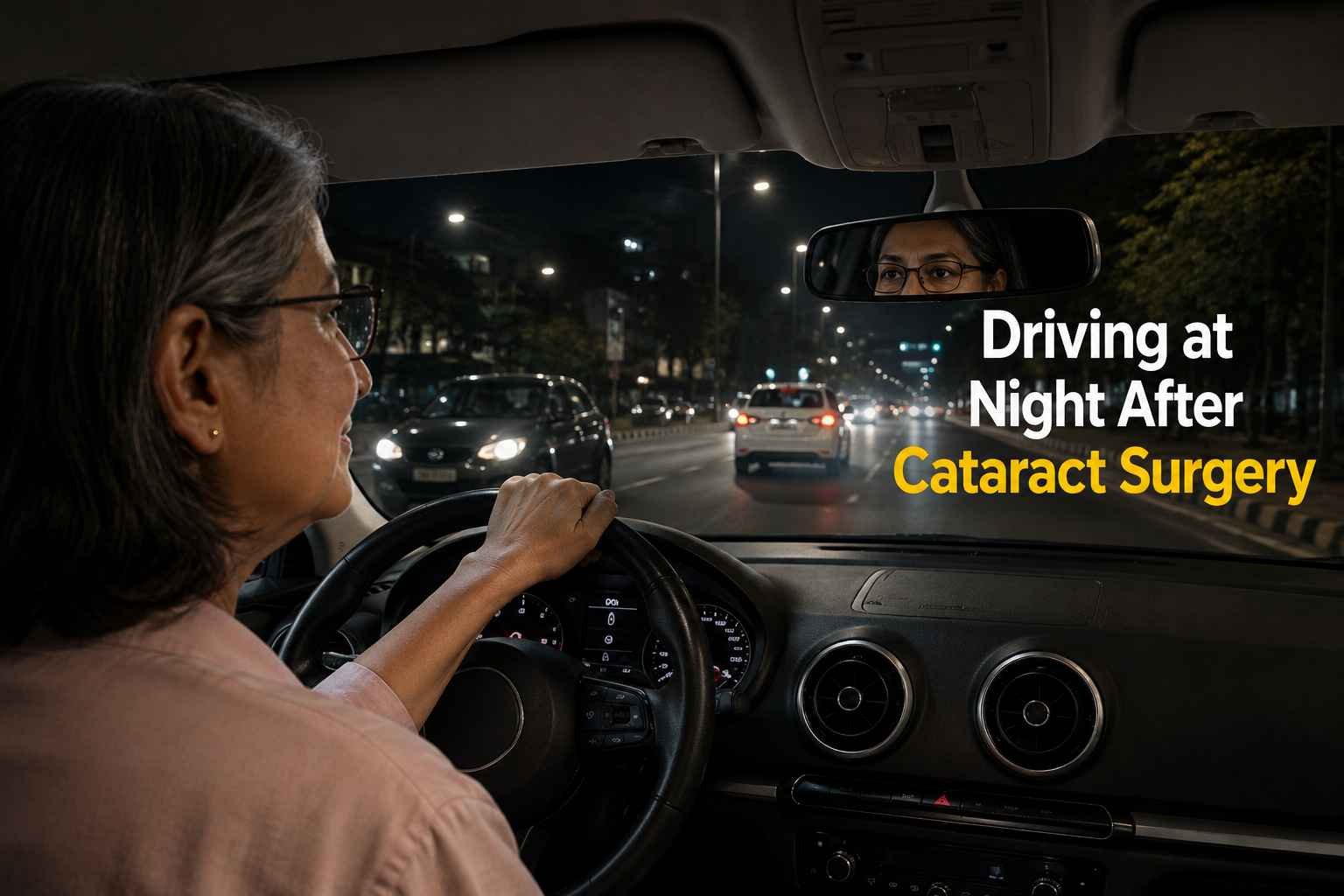 Woman driving at night after cataract surgery with traffic and headlights visible on the road