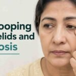 Woman pointing to a drooping eyelid showing signs of ptosis