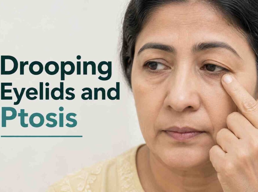 Woman pointing to a drooping eyelid showing signs of ptosis