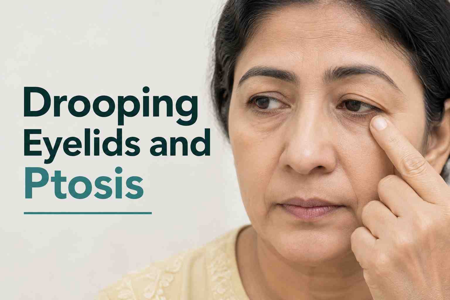 Woman pointing to a drooping eyelid showing signs of ptosis
