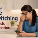 Woman experiencing eyelid twitching and rubbing her eye while holding a smartphone, highlighting possible causes of eye twitching and the need for attention.