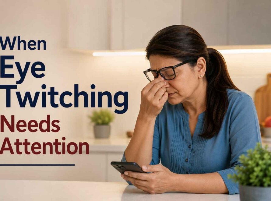 Woman experiencing eyelid twitching and rubbing her eye while holding a smartphone, highlighting possible causes of eye twitching and the need for attention.