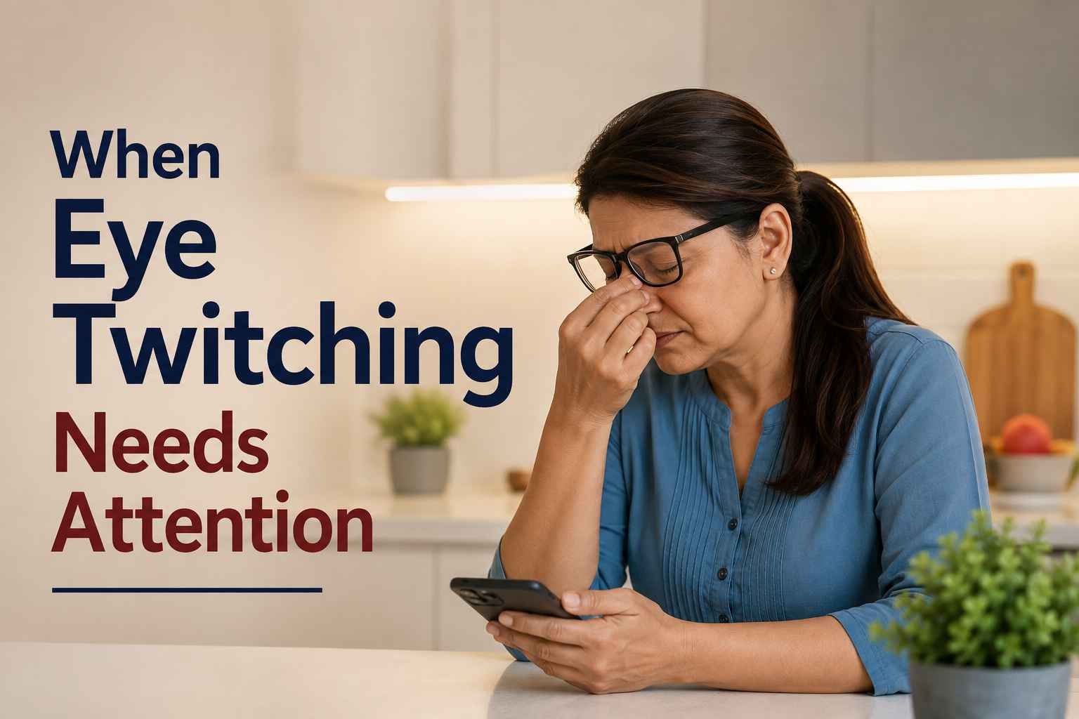 Woman experiencing eyelid twitching and rubbing her eye while holding a smartphone, highlighting possible causes of eye twitching and the need for attention.