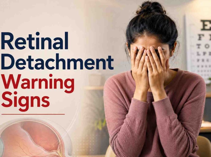 Woman covering her eyes illustrating warning signs of retinal detachment