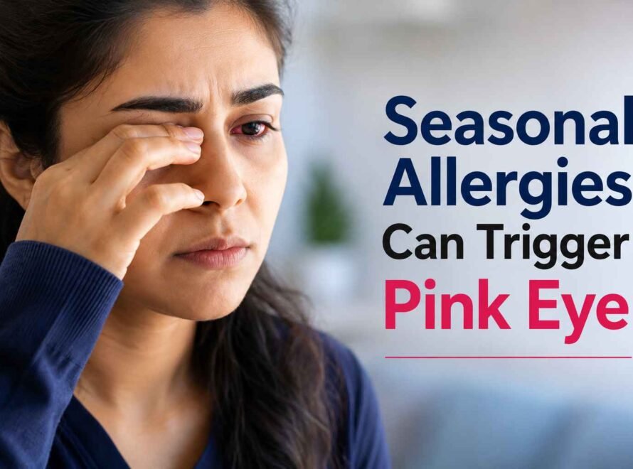Woman rubbing an irritated red eye caused by seasonal allergies and pink eye