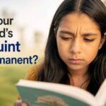 Young girl reading a book with a noticeable squint, illustrating concerns about persistent childhood squint.