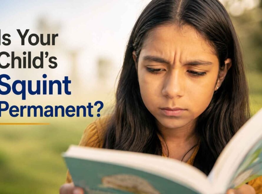 Young girl reading a book with a noticeable squint, illustrating concerns about persistent childhood squint.