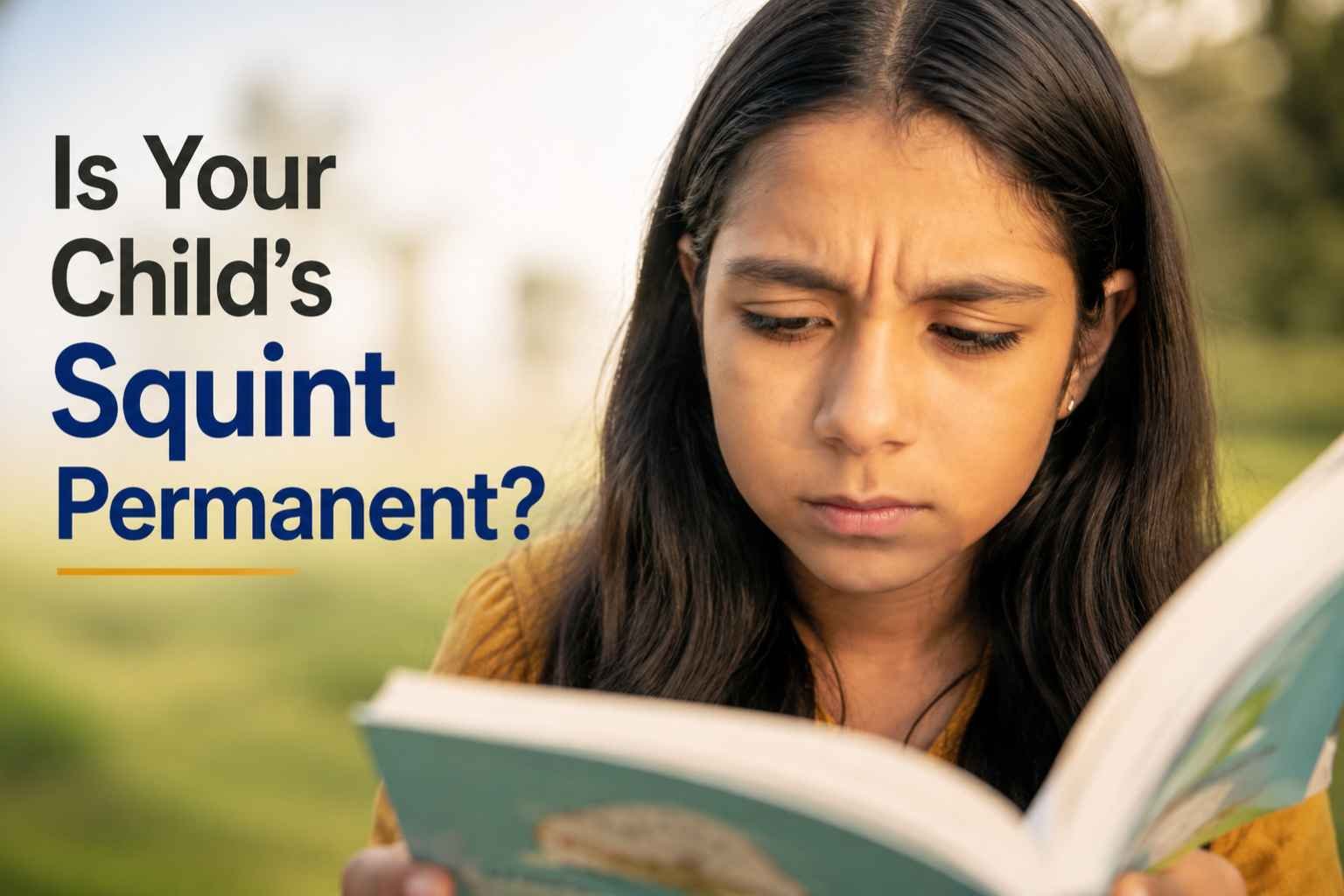 Young girl reading a book with a noticeable squint, illustrating concerns about persistent childhood squint.