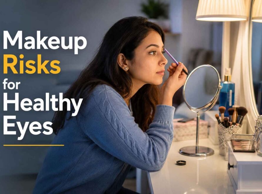 Woman applying eye makeup in front of a mirror, highlighting potential makeup-related risks to healthy eyes and the importance of proper eye makeup hygiene.