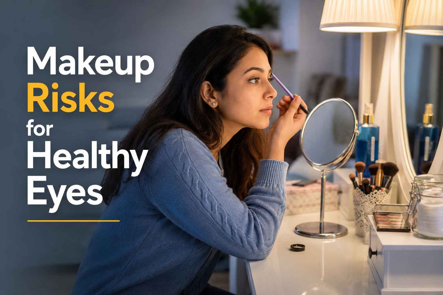 Woman applying eye makeup in front of a mirror, highlighting potential makeup-related risks to healthy eyes and the importance of proper eye makeup hygiene.
