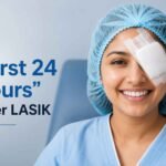 Smiling woman wearing an eye patch and surgical cap during the first 24 hours after LASIK surgery