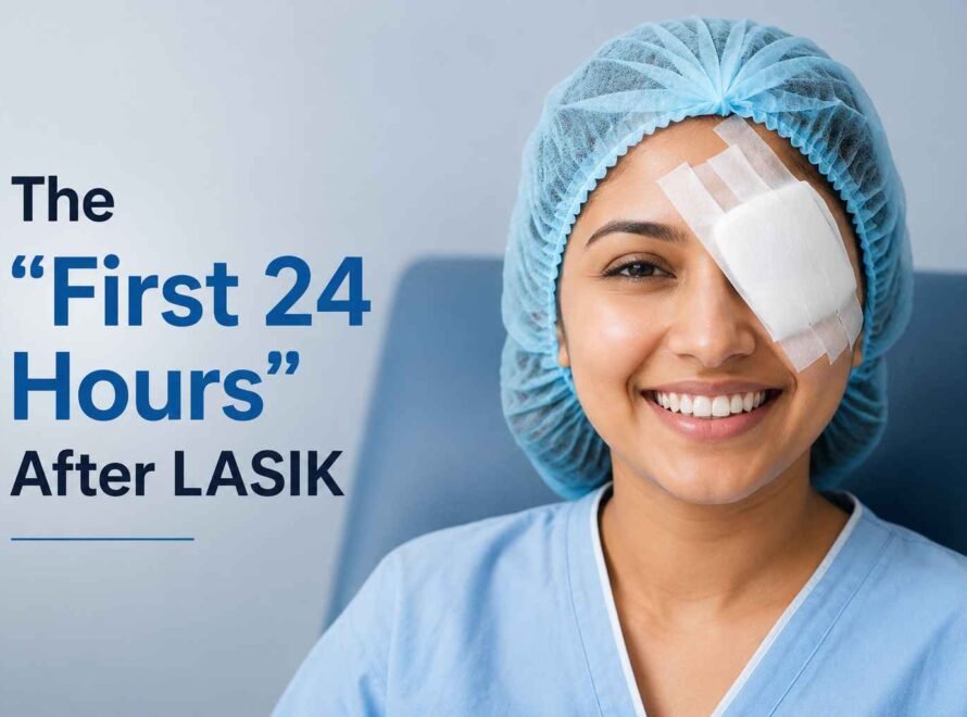 Smiling woman wearing an eye patch and surgical cap during the first 24 hours after LASIK surgery