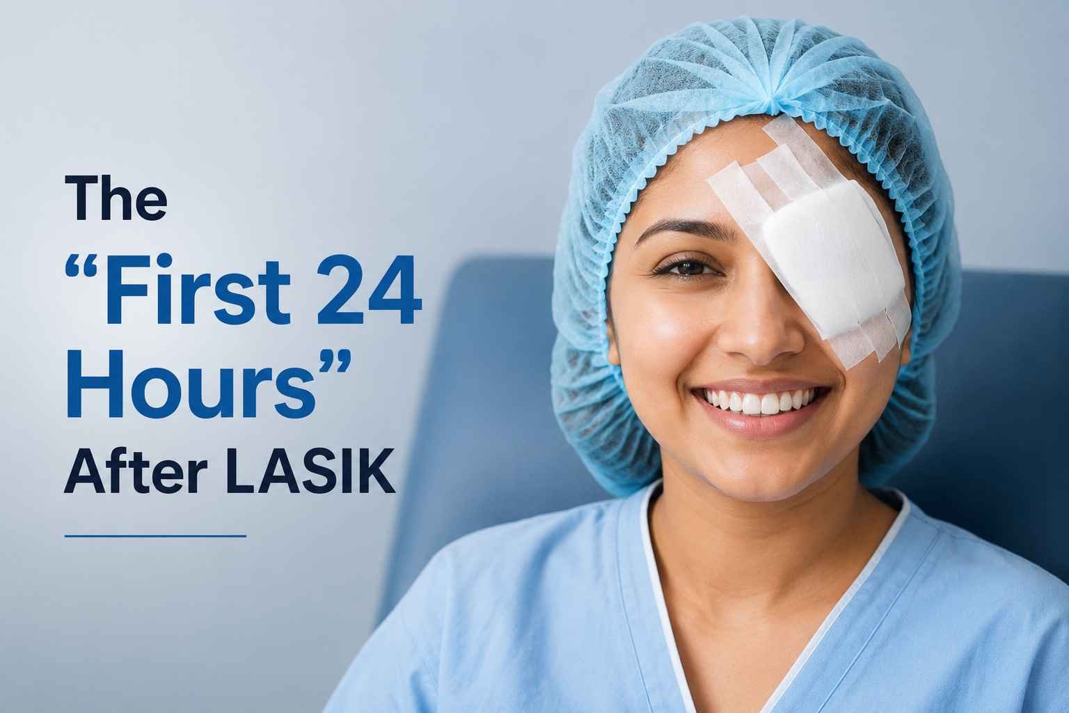 Smiling woman wearing an eye patch and surgical cap during the first 24 hours after LASIK surgery