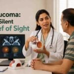 Eye doctor explaining glaucoma and eye health to a patient