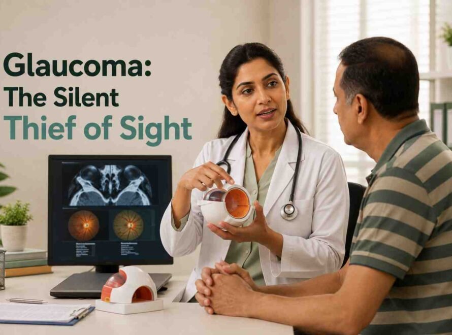 Eye doctor explaining glaucoma and eye health to a patient