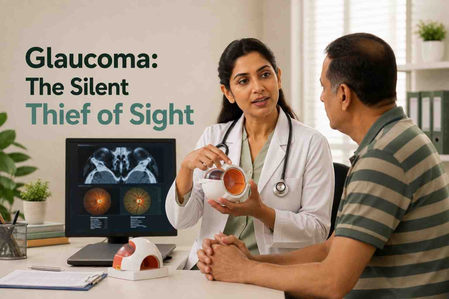Eye doctor explaining glaucoma and eye health to a patient