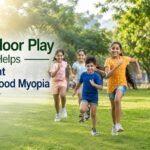 Children playing outdoors in a park, highlighting the role of outdoor play in preventing childhood myopia.