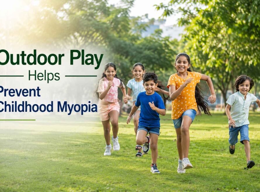 Children playing outdoors in a park, highlighting the role of outdoor play in preventing childhood myopia.