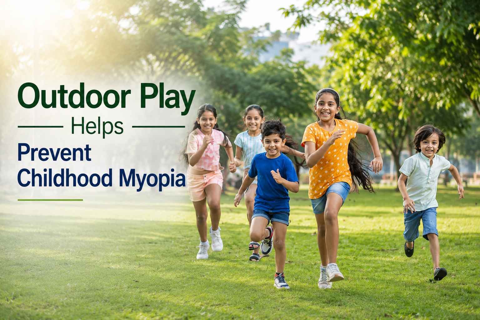 Children playing outdoors in a park, highlighting the role of outdoor play in preventing childhood myopia.
