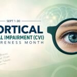 CVI Awareness Month graphic featuring an eye and brain illustration, with dates September 1-30.