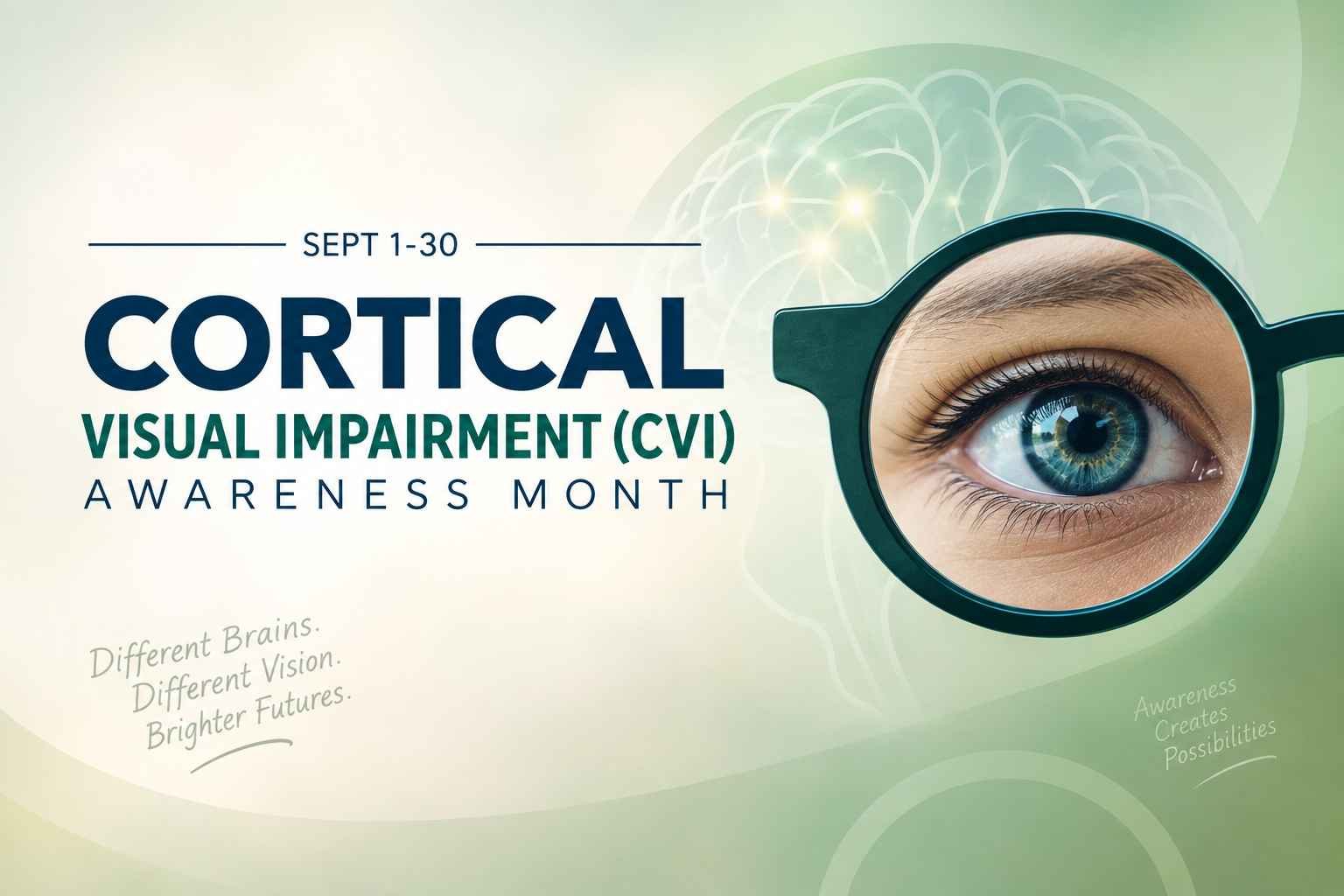 CVI Awareness Month graphic featuring an eye and brain illustration, with dates September 1-30.
