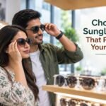 Couple choosing sunglasses for UV protection and eye health.