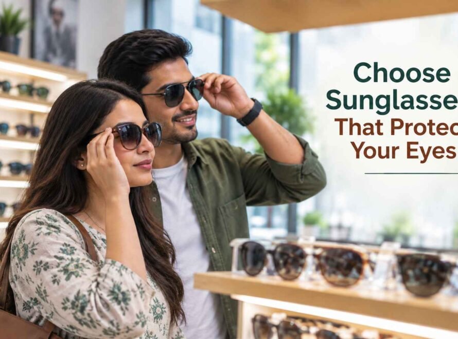 Couple choosing sunglasses for UV protection and eye health.