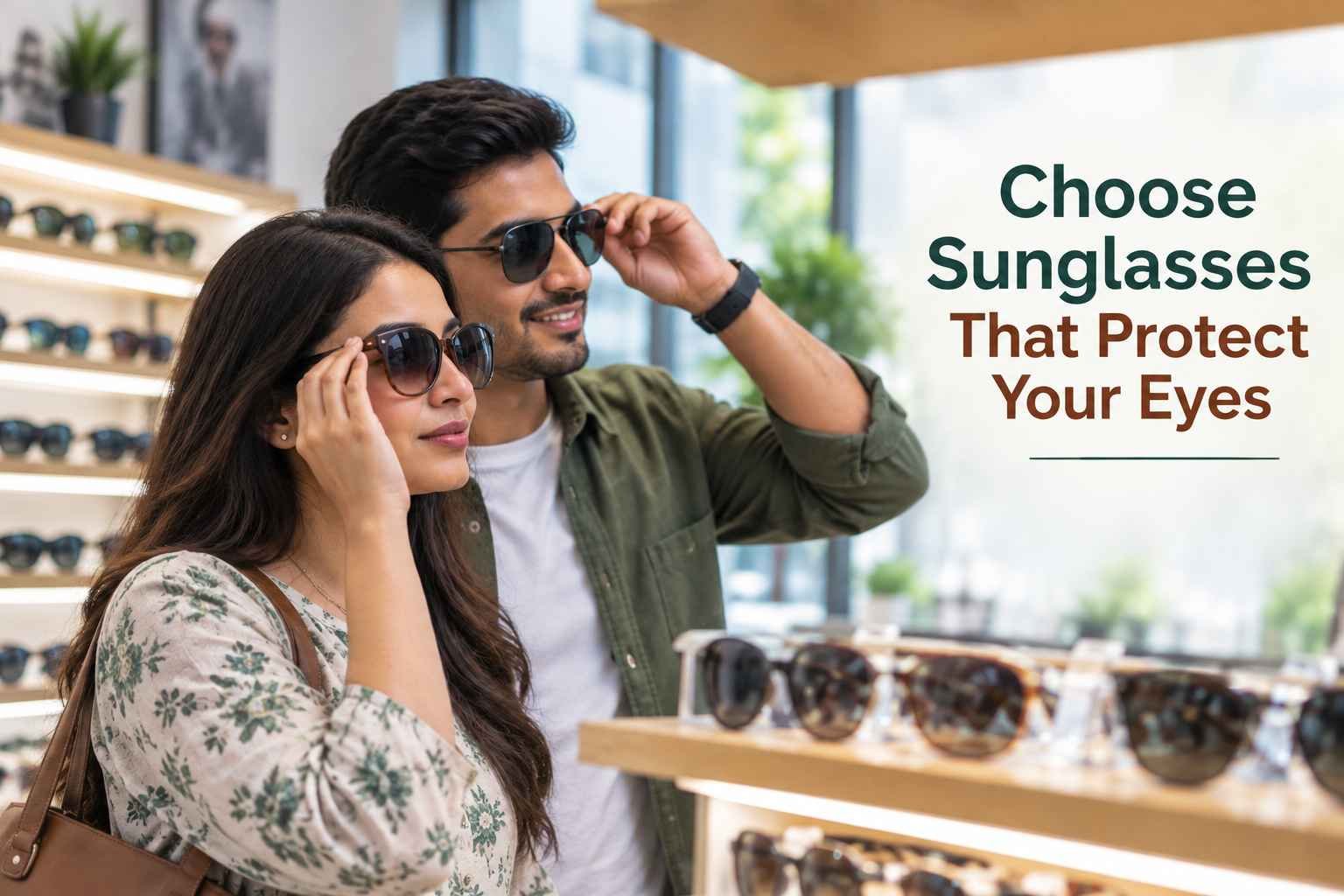 Couple choosing sunglasses for UV protection and eye health.