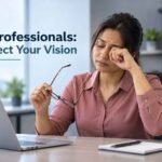 IT professional experiencing eye strain while working on a laptop.