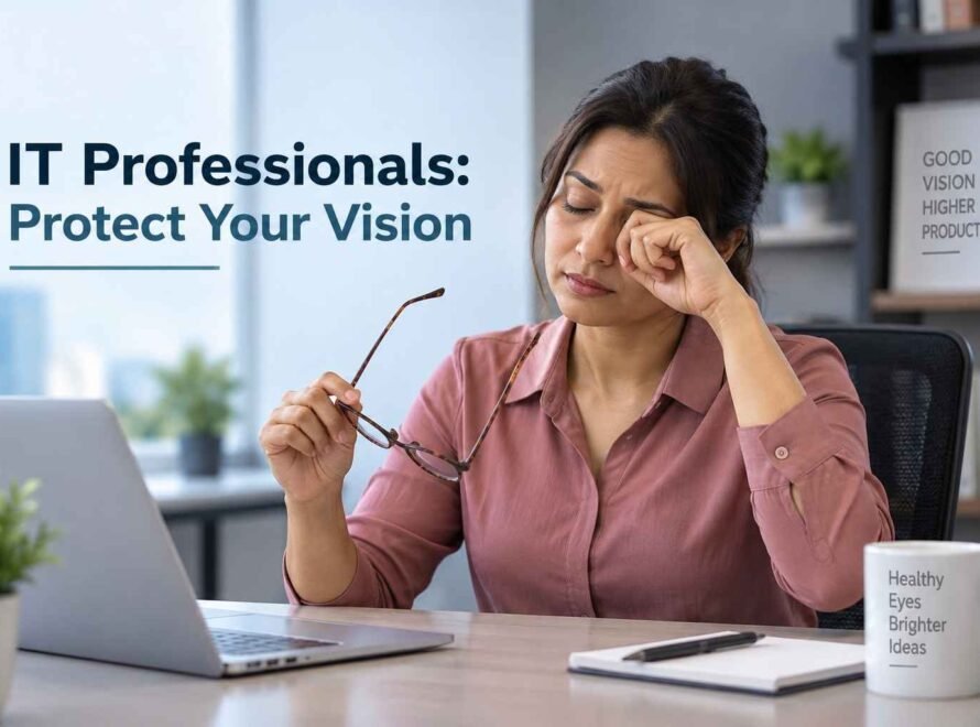 IT professional experiencing eye strain while working on a laptop.