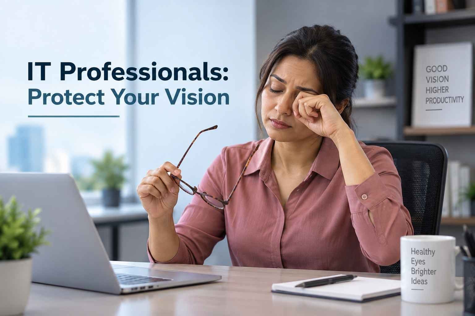 IT professional experiencing eye strain while working on a laptop.
