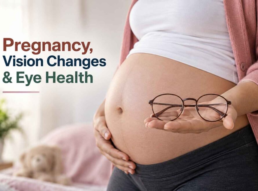 Pregnant woman holding glasses while highlighting vision changes and eye health.