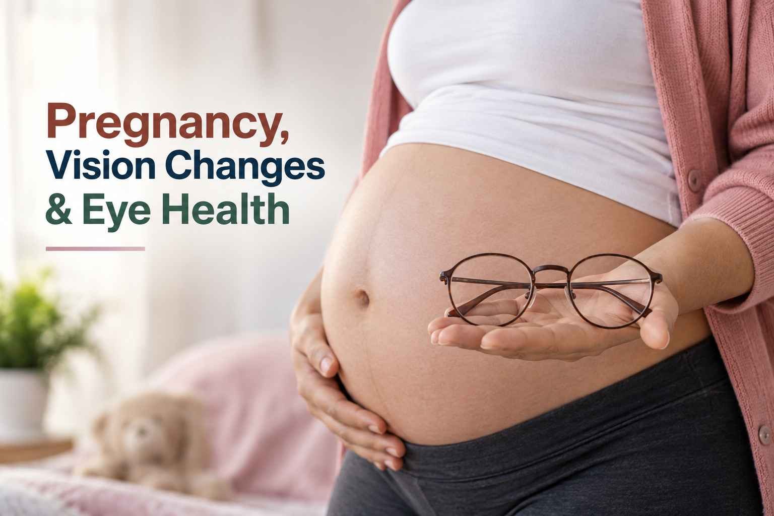 Pregnant woman holding glasses while highlighting vision changes and eye health.