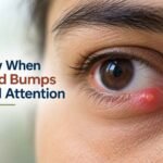 Close-up of an eye with a red, swollen eyelid bump needing medical attention.