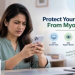 Woman using a smartphone with tips to protect eyes from myopia.