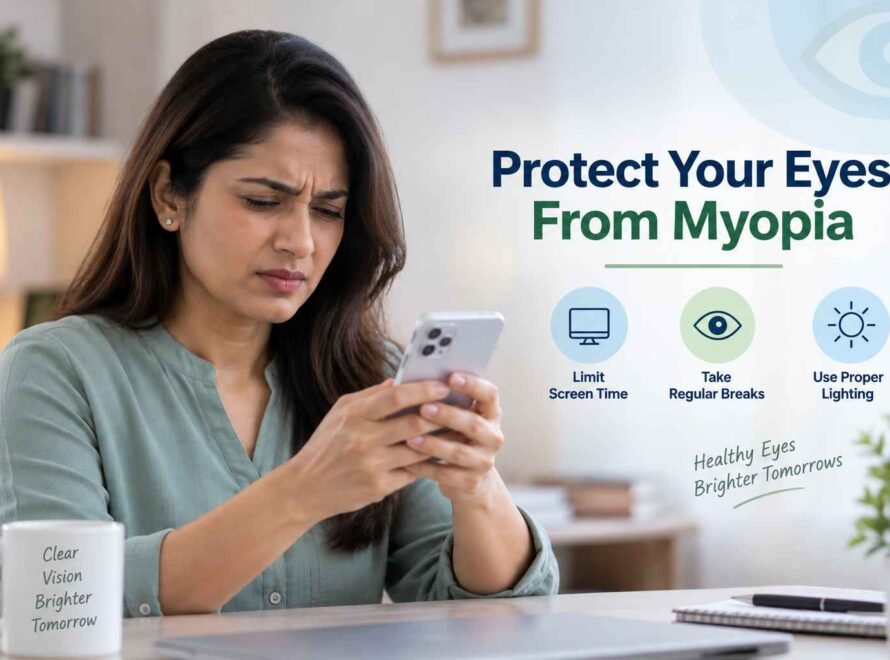 Woman using a smartphone with tips to protect eyes from myopia.