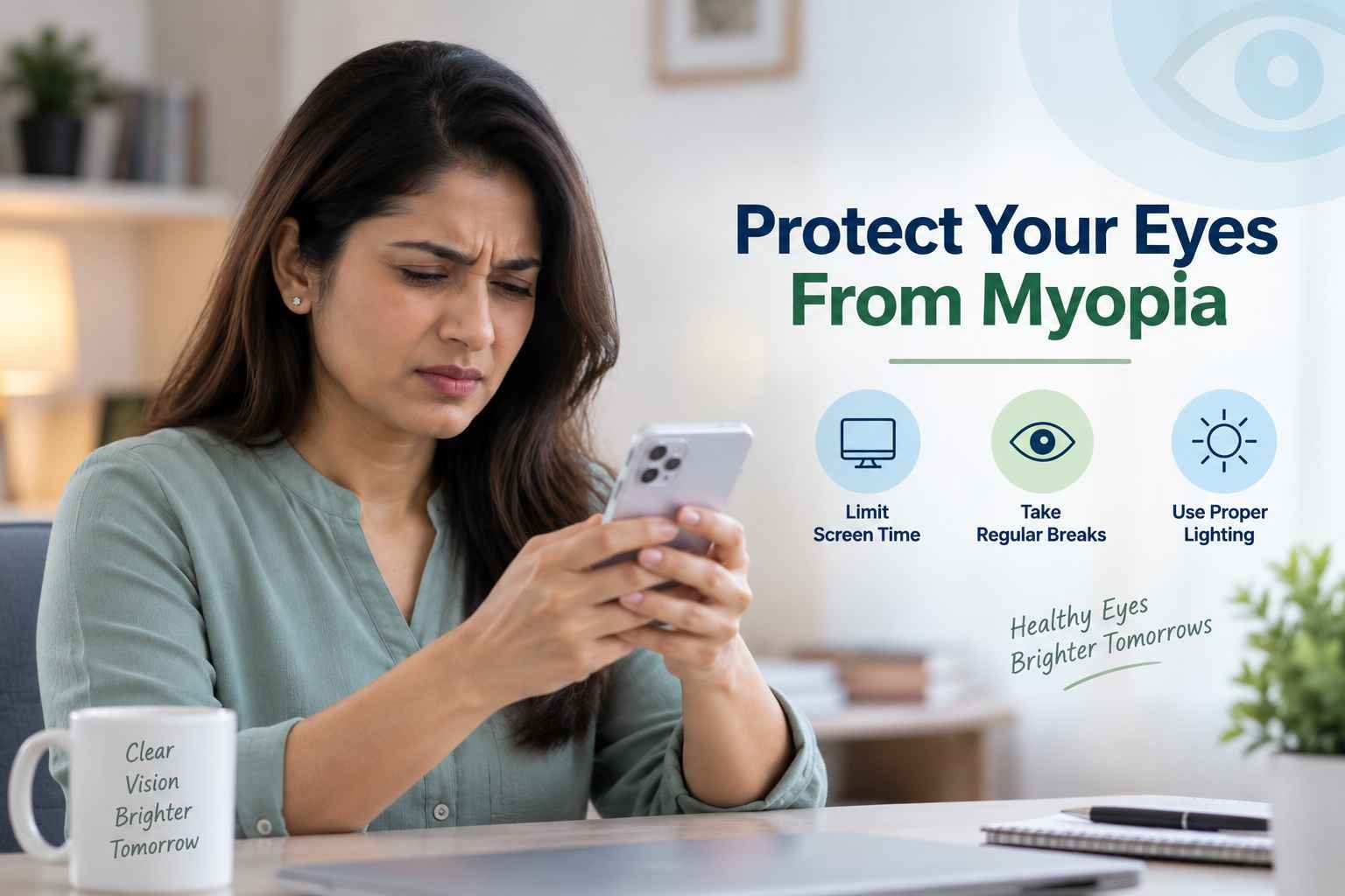 Woman using a smartphone with tips to protect eyes from myopia.