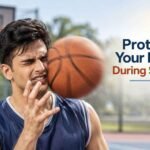 Basketball player protecting his eyes from a ball during a sports activity.