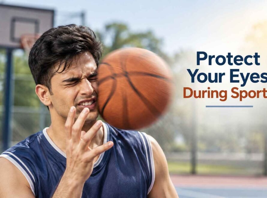 Basketball player protecting his eyes from a ball during a sports activity.