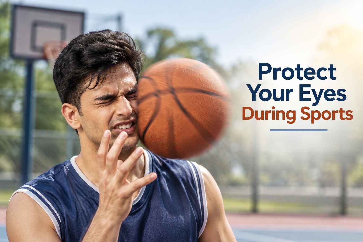 Basketball player protecting his eyes from a ball during a sports activity.