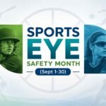 Sports Eye Safety Month graphic featuring cricket and tennis players, with dates September 1-30.