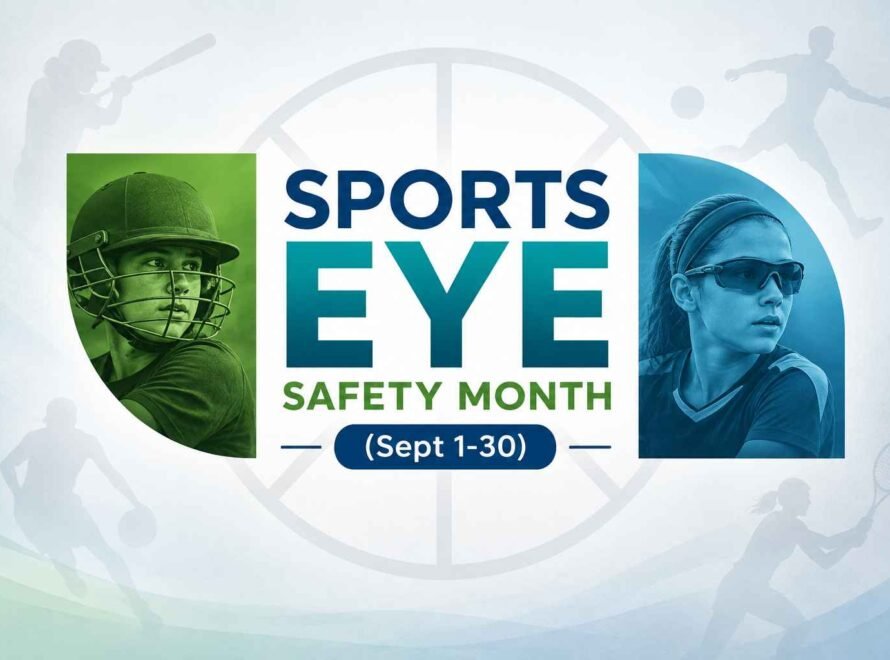 Sports Eye Safety Month graphic featuring cricket and tennis players, with dates September 1-30.