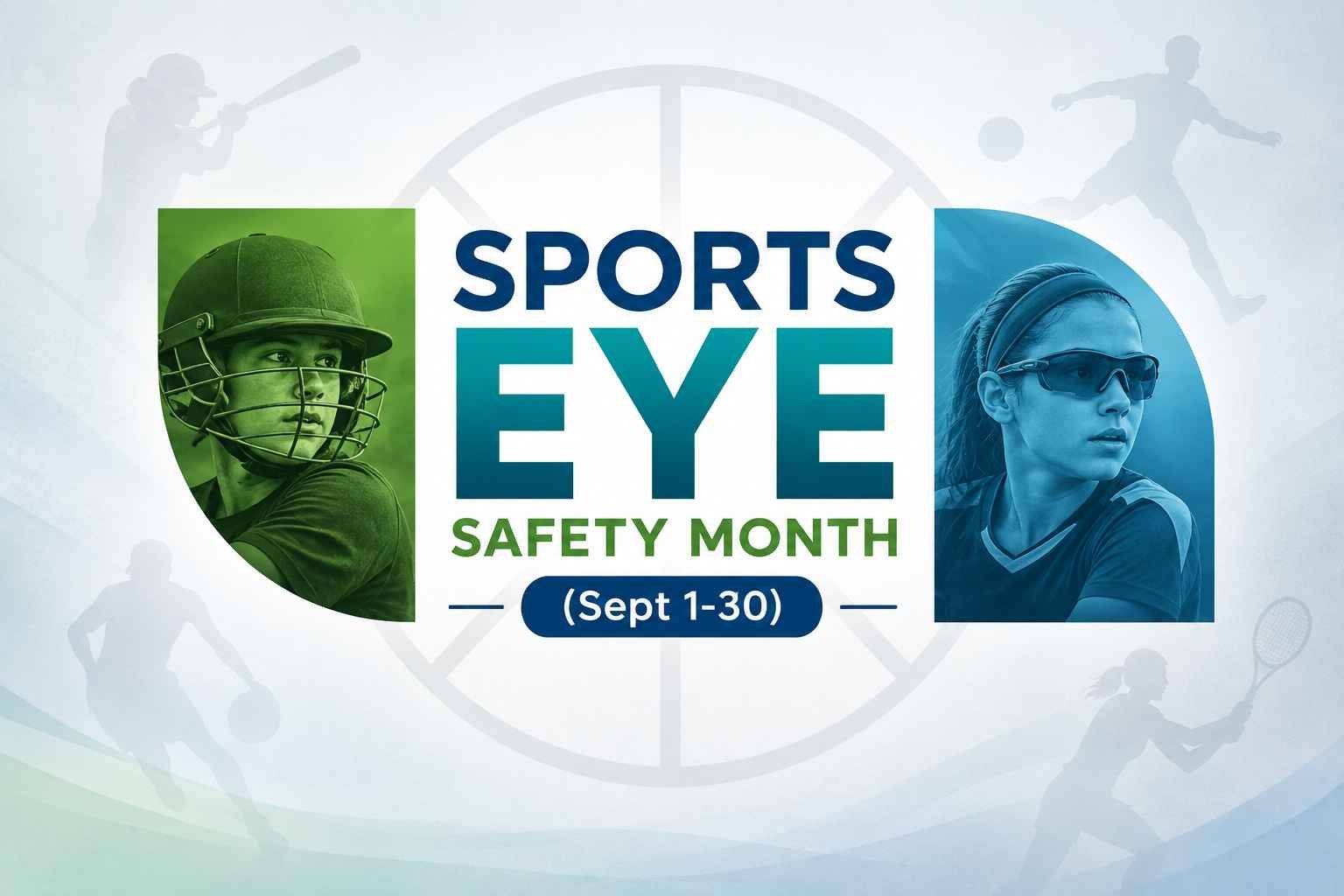 Sports Eye Safety Month graphic featuring cricket and tennis players, with dates September 1-30.